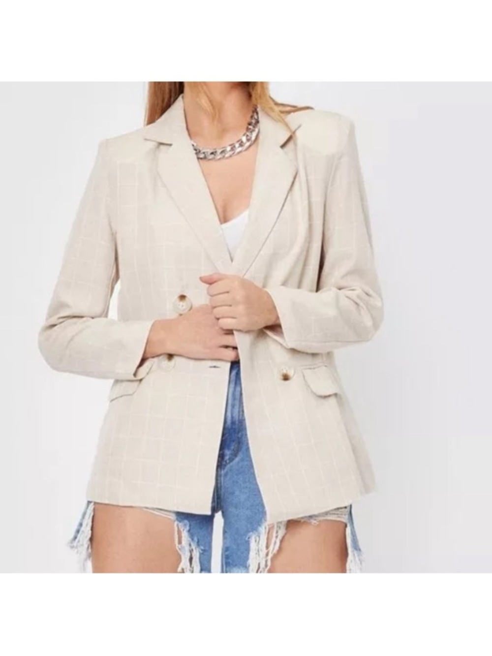 Nasty Gal Beige Great Square Check Blazer